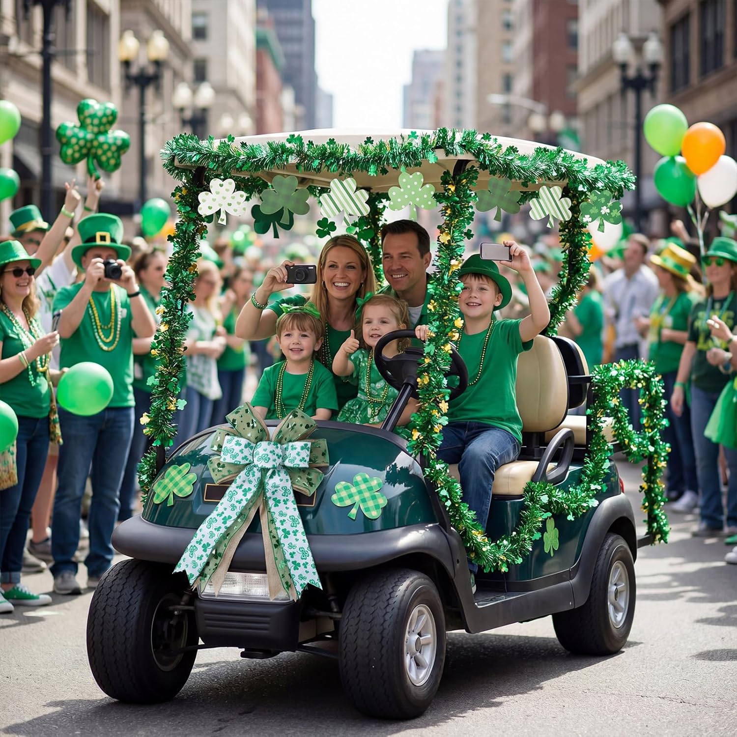 33 Pcs St. Patrick's Day Parade Golf Cart Decoration Include Irish St Pattys Wreath Bow Green Shamrocks Tinsel Garlands Shamrock Cutouts Stickers for Outdoor Indoor Holiday Party Decoration