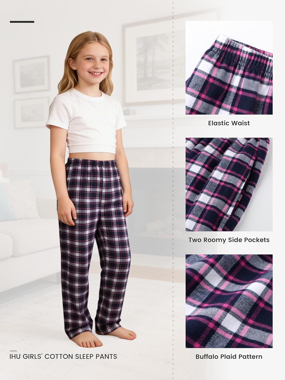 IHU Cotton Girls Pajama Pants Soft Flannel Woven Kids Pj Bottoms Plaid Lounge Pants Sleepwear with Pockets - Image 5