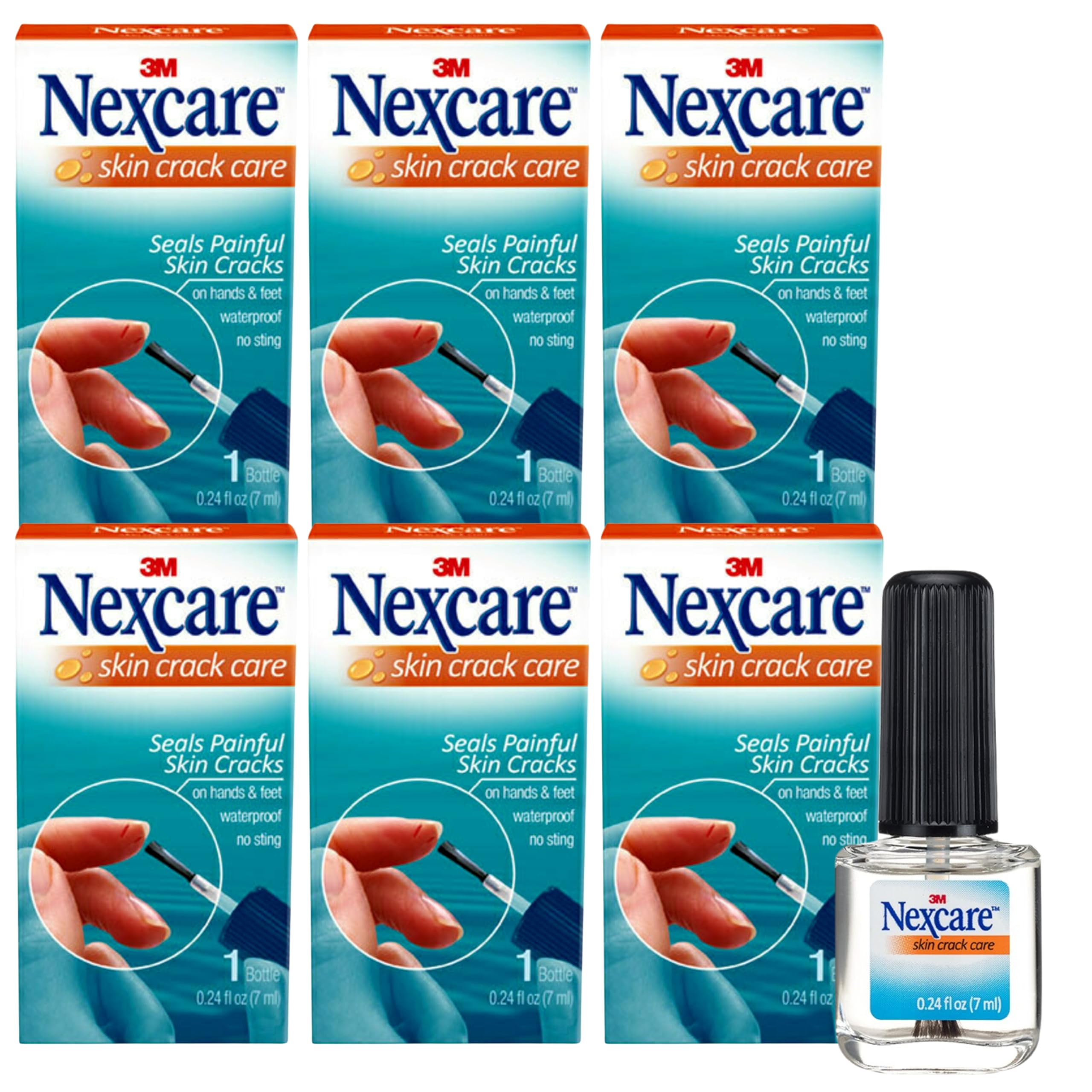 Nexcare Skin Crack Care, Waterproof No-Sting Liquid Bandage for Cracked Fingertips and Dry Hands, Fast-Drying 0.24 fl oz Bottle (Pack of 6)