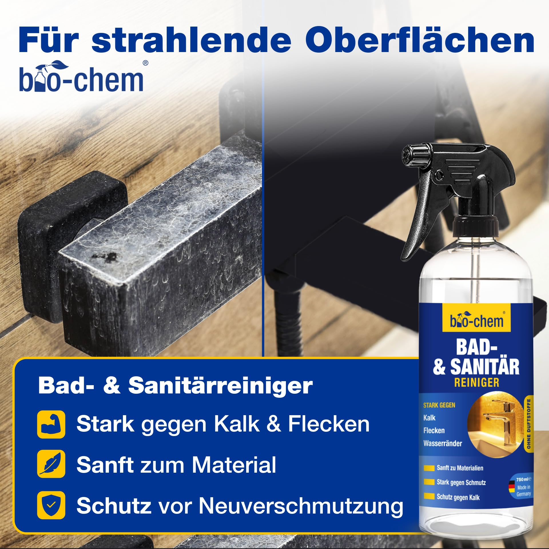 bio-chem Badreiniger Set 6-teilig für Bad, Dusche & WC | Mit Haar-Weg, Urinsteinentferner, Sanitärreiniger, Bimsstein und Tüchern | Abflussreiniger, Kalksteinreiniger, Badreiniger
