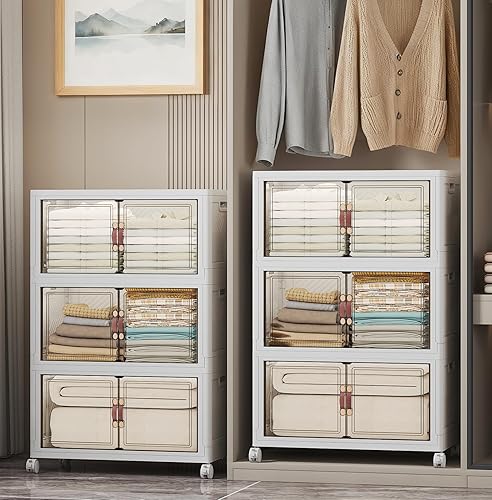 Miniatura 14 de Contenedores de almacenamiento extra grandes apilables con tapas y ruedas y puerta, 448QT-112QT/28GAL*4Pack Organizadores de armario plegables y