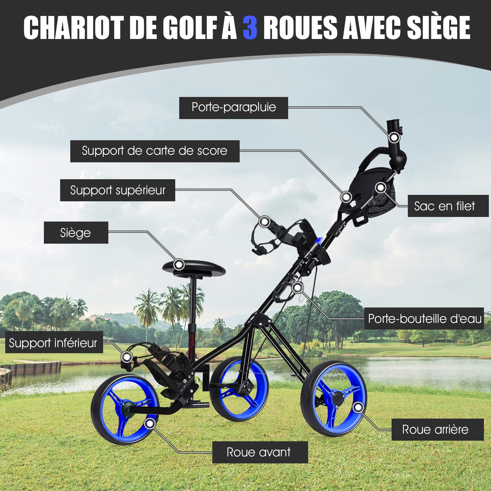 COSTWAY Chariot de Golf avec Siège Poignée Réglable, Voiturettes à Pousser Pliable à 3 Roues avec Tableau de Bord, Porte-Gobelet, Porte-Parasol, Frein au Pied, Roues Amovibles