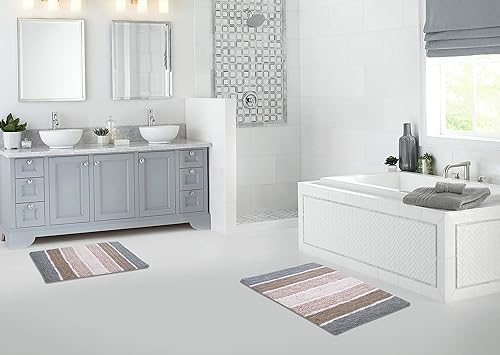 Miniatura 5 de Ramanta Home Juego de 2 alfombras de baño acolchadas a rayas 100% algodón, color gris beige, antideslizantes, súper suaves, absorbentes, para baño,