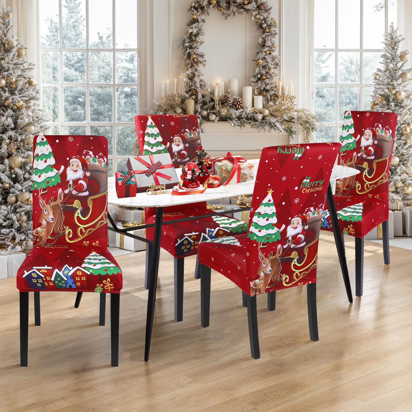 SearchI Christmas Dining Chair Covers Set of 6,Stretch Xmas Parsons Chair Slipcovers Seat Protector Washable Spandex Kitchen Chair Cover for Dining Room,Christmas Decoration,Holiday Party(Santa+Deer) - Image 2