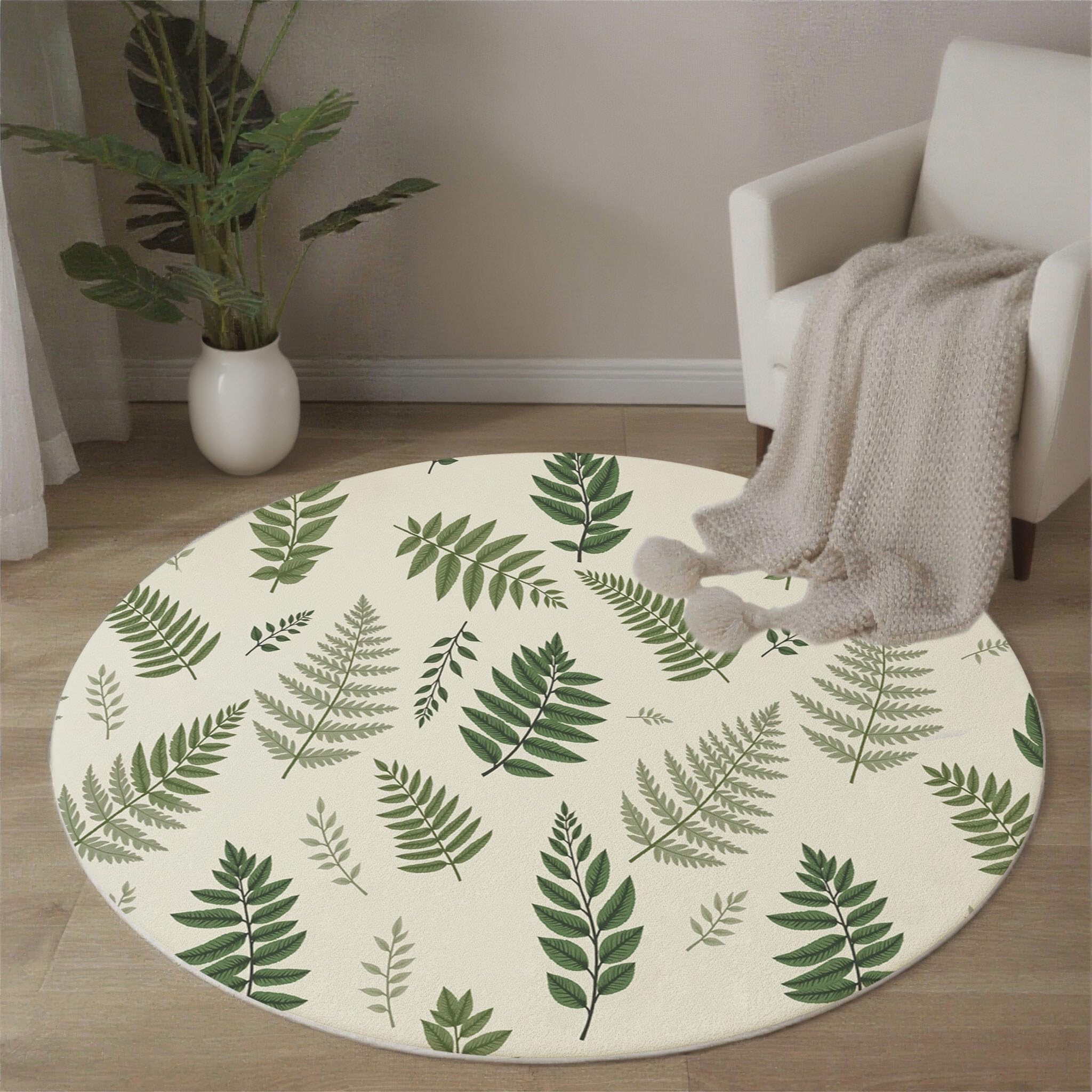 Tapis rond fougère 100cm vert pour créer un coin lecture cosy dans la chambre