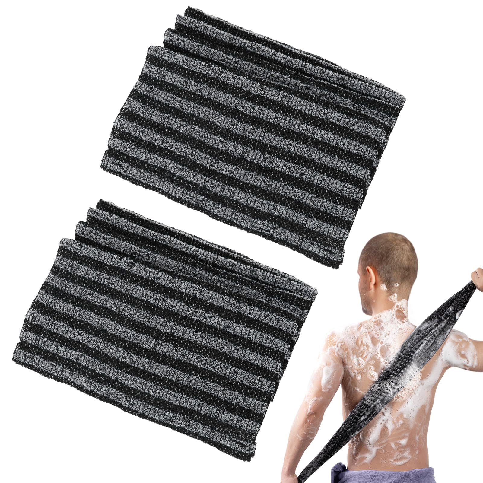 2pcs Japanese Exfoliating Towel Back Scrubber Extra Long Rough for Men & Women Deep Washer Washcloth Dead Skin Cell Remover Special Texture Makes Fluffy Foam Lather Shower Wash Black Cloths