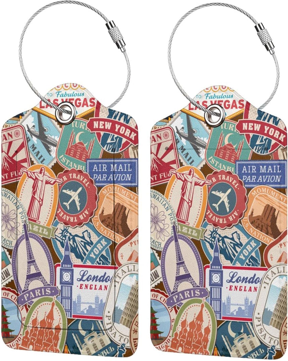 2 Pack Luggage Tags for Suitcases, Travel Stamp Luggage Tag, Leather Stainless Steel Loop Label Tag for Women Girl Travel Bag Suitcase