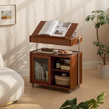 Solid Wood Side Table with Wheels, Flip Top Side Table with Storage, Multi-Functional Storage Cabinet with Ample Space for Living Room, Bedroom13.77" D x 26.77" W x 28.22" H, Teak