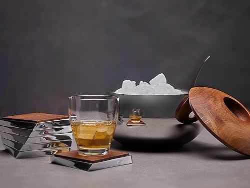 Miniatura 5 de Nambe Juego de posavasos Twist de 4.25 pulgadas, 6 piezas, colección cuadrada moderna de posavasos hechos de madera de acacia y aleación, elegante