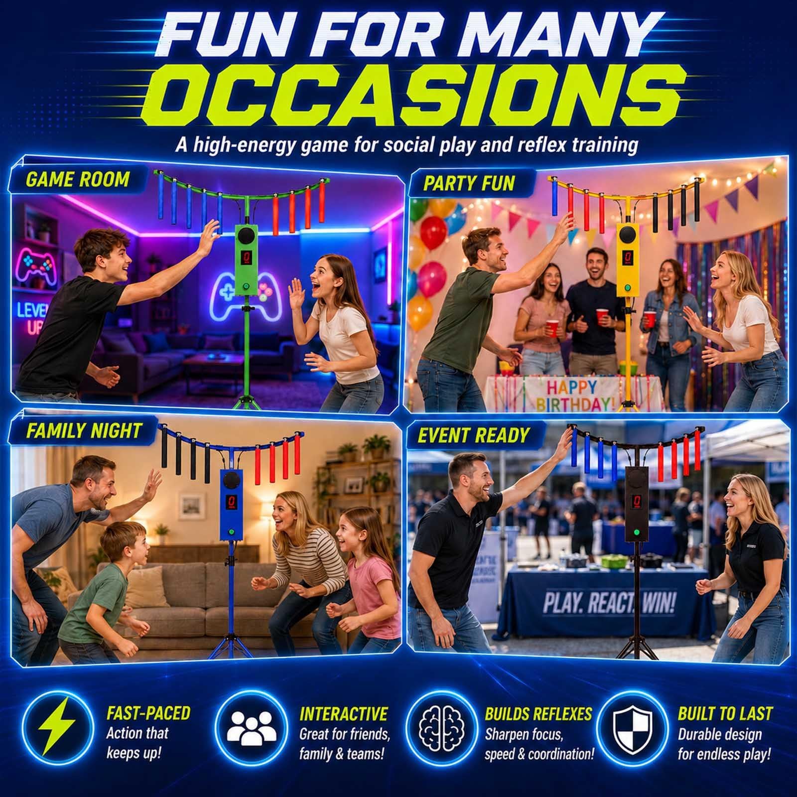 Arcade Reflex Challenge Game - Formazione di coordinazione occhio-mano con 10 bastoncini, luci LED e musica per feste, riunioni di famiglia ed eventi di squadra