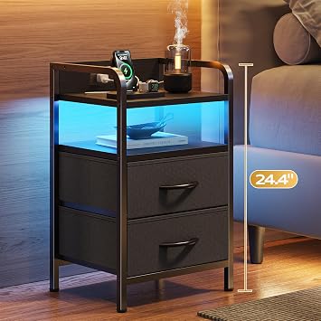 Huuger Nightstands Set of 2, Night Stand with LED Lights, Charging Station