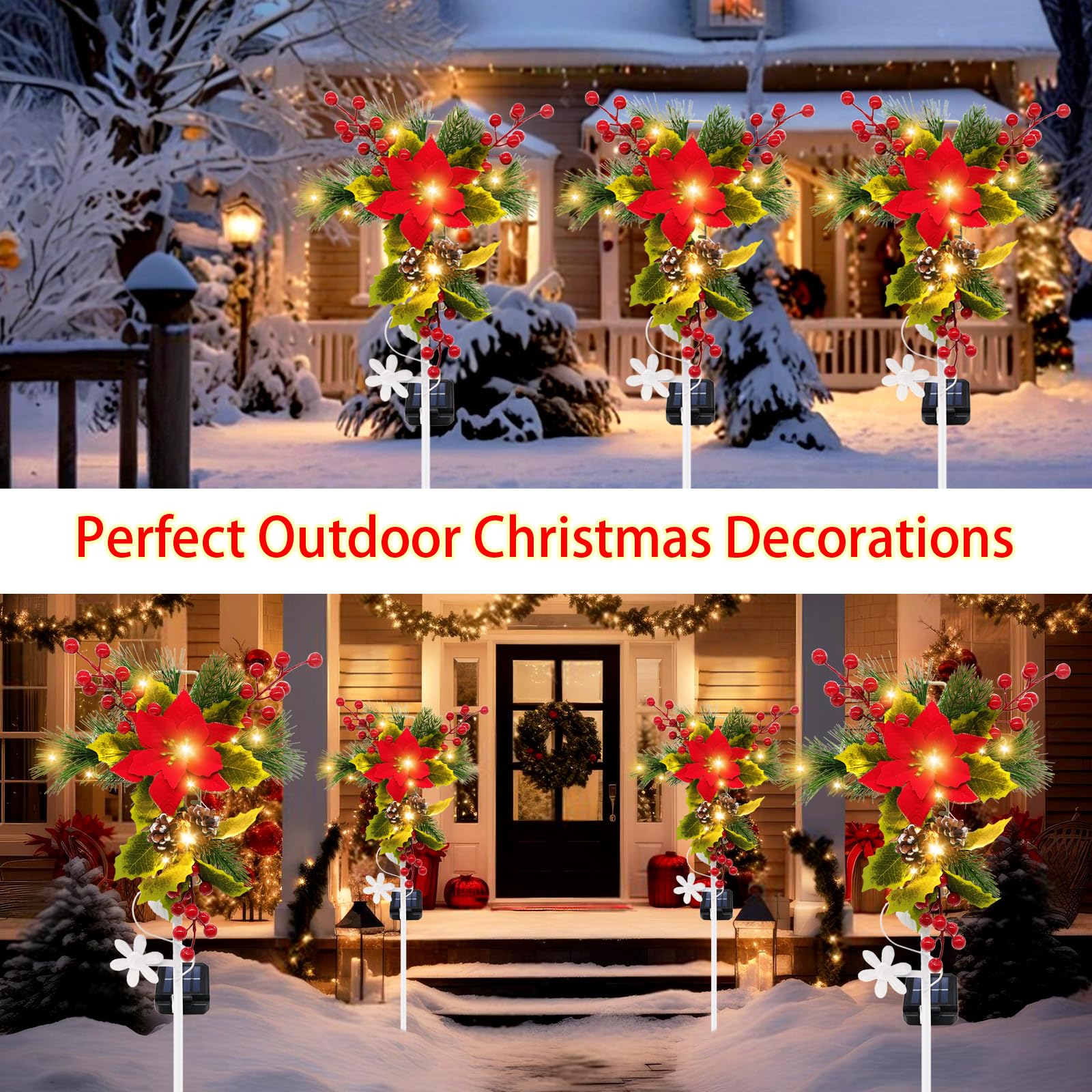 Lot de 4 décorations de Noël solaires d'extérieur – 81,3 cm – Lumières solaires sur piquet en forme de croix – Décorations de tombe étanches avec poinsettia, pommes de pin, baies rouges pour jardin,