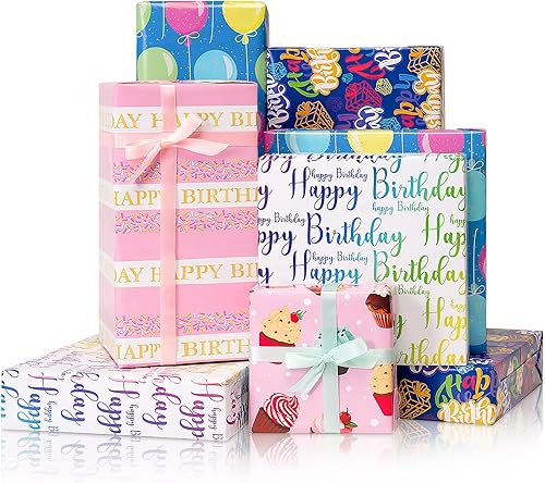 Larcenciel Juego de Papel de Regalo de Cumpleaños - 5 Hojas y 5 Cintas de Seda, Papel de Regalo Colorido de Cupcakes y Globos, Envoltura de Regalo