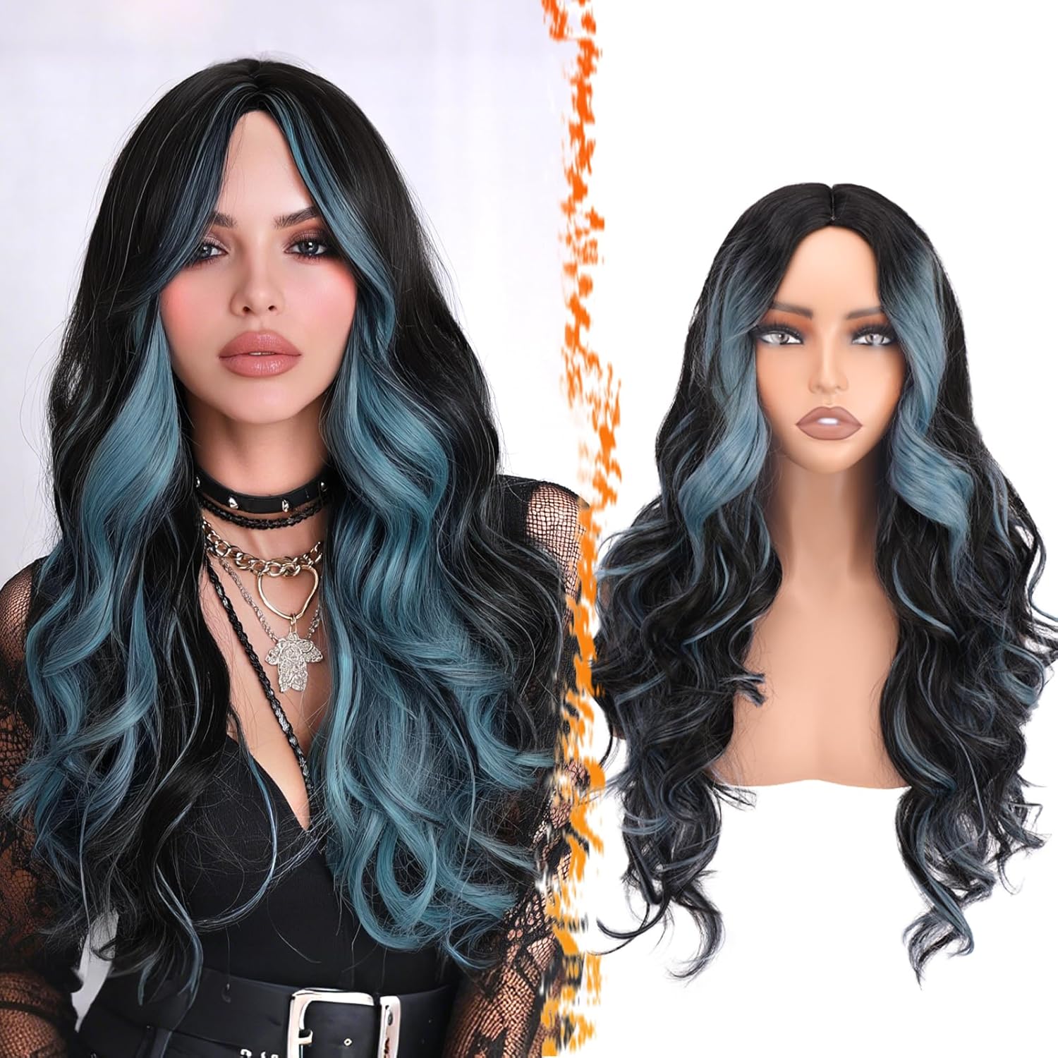 BARSDAR Black Teal Blue Highlight Long Wavy Wig with Curtain Bangs – 28 Inch Teal Blue Black Ombre Highlight Calico Wig for Women – Natural Looking Thick Soft Synthetic Party Halloween Gothic Costume