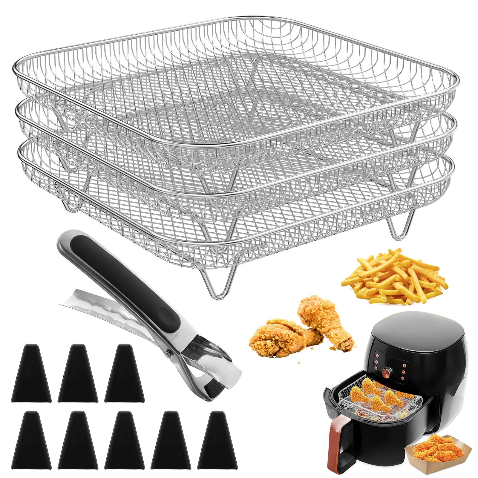 3 Piezas Rejilla para Freidora de Aire Cuadrada Accesorios para Freidora de Aire Rejillas Apilables Inoxidable Con 8 Pies de Silicona, 1 Clip Antiquemaduras, Apto para Hornear y Cocinar Deshidratado
