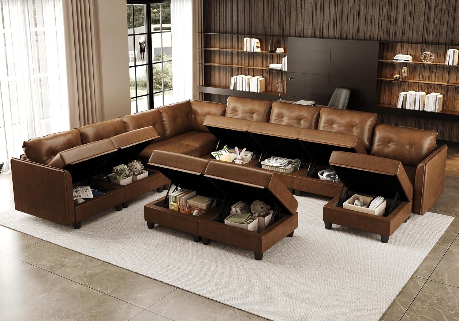 LLappuil Faux Leather Modular Sofa with Storage, Modern Comfy Sectional Couches for Living Room | Oversized 11 Seater, Reconfigurable, L/U/Sleeper, WaterProof, Brown