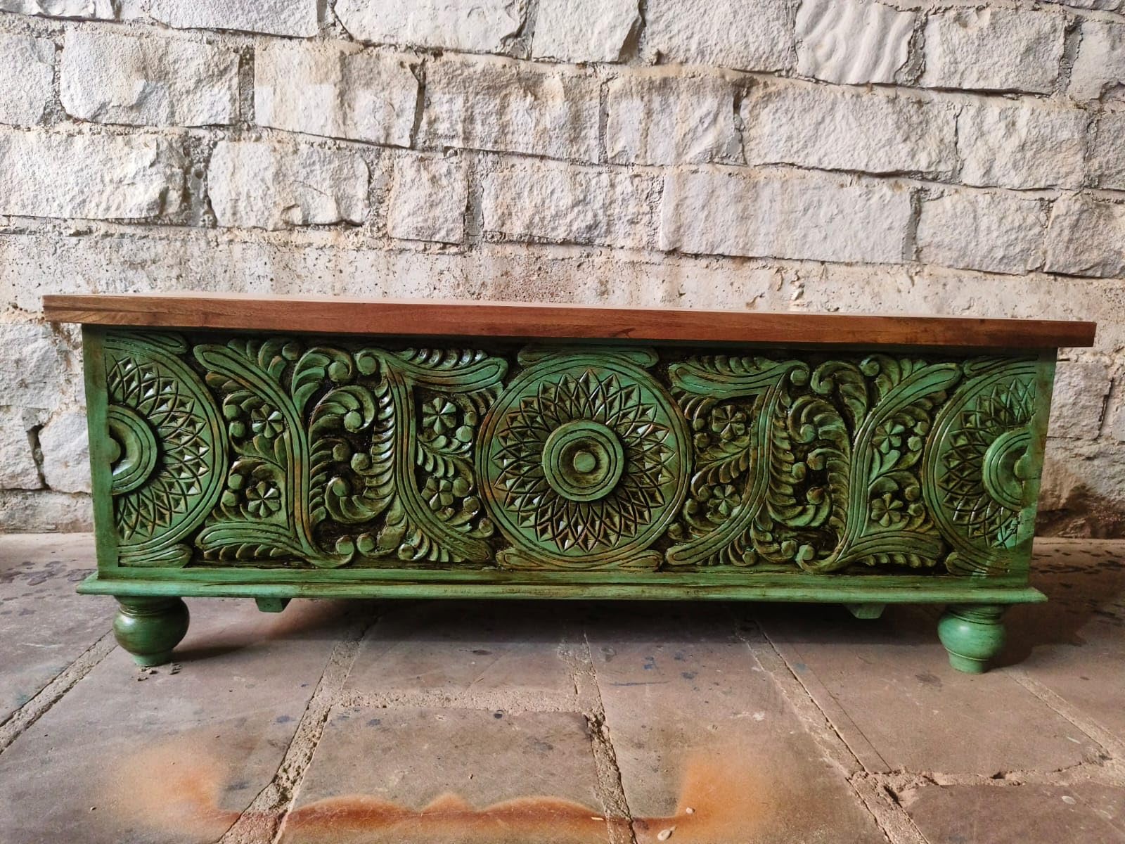 Solid Mango Wooden Handcarved Storage Trunk | Center Table with storage box For Living room, Bedroom, Hotel & Home, Green Finish, (120 x 40 x 45 cm)-image-30