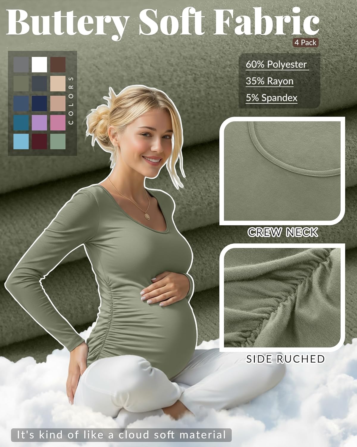 Ficerd 4 Pack Women's Maternity Shirts Long Sleeve Side Ruched Tops Crew Neck Fall Pregnancy T-Shirts Casual Mama Clothes - Image 4