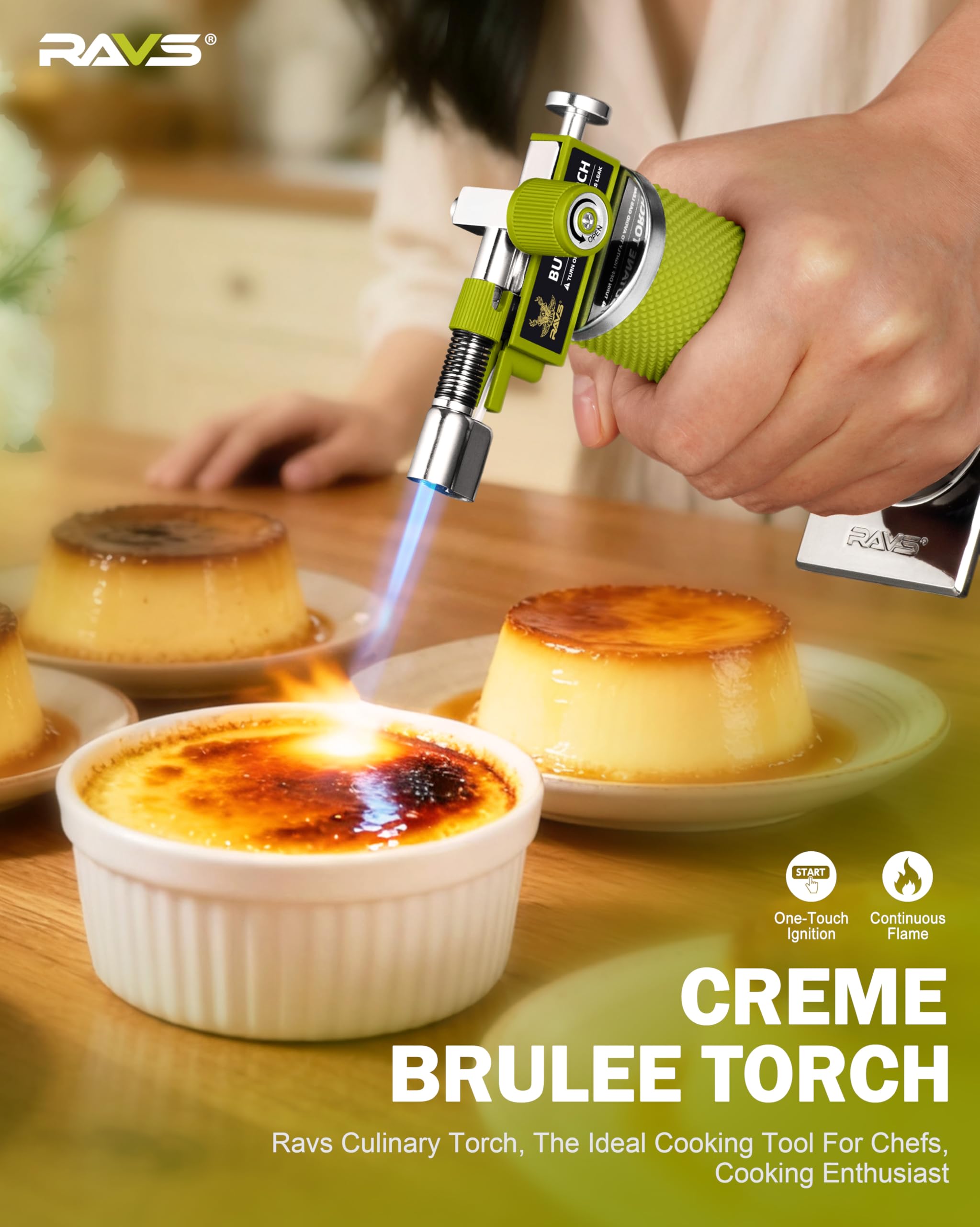 RAVS Encendedor de butano con modo de llama dual, linterna de cocina recargable, cuerpo de metal, para hornear, cocinar, arte de resina con llama ajustable, soplete de soldadura verde, gas butano no