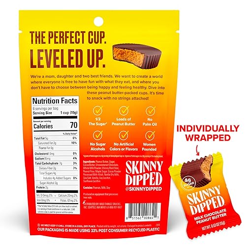 Miniatura 2 de SkinnyDipped Tazas de mantequilla de maní de chocolate con leche, 0.17 onzas de azúcar, bajas en azúcar, sin aceite de palma, sin gluten, bolsa de