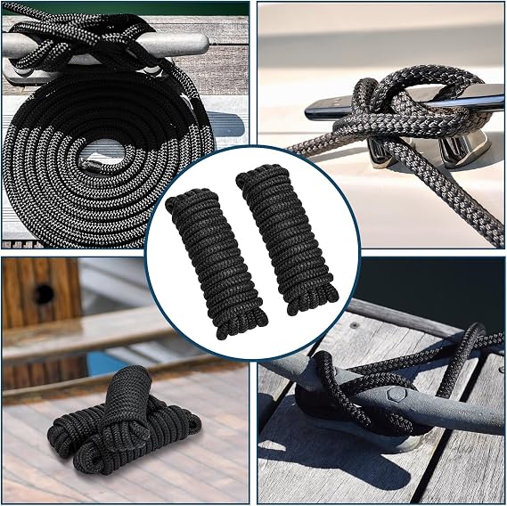 2 Pack 1/2 x 15' Boat Dock Lines for Boat & Pontoon, Premium Marine- Grade Double Braided Nylon Boat Lines, Pre-Spliced with a 12 Eyelet-Black,High Strength,Easy Handling,Boating Gifts for Men.