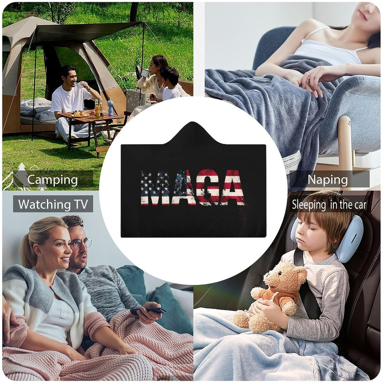 Vintage USA Flag MAGA Wearable Blanket Oversized Throw Cape | Cozy Hooded Blanket Gifts for Women Men