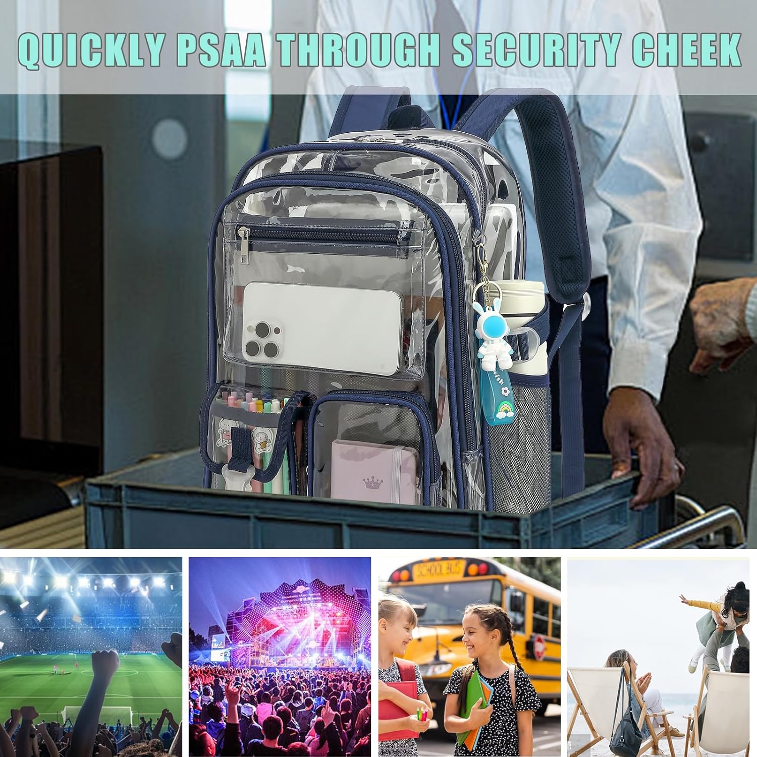 Clear Backpack Heavy Duty Transparent Backpacks Stadium Approved for School Work Sport Travel (Navy Blue) - Image 6