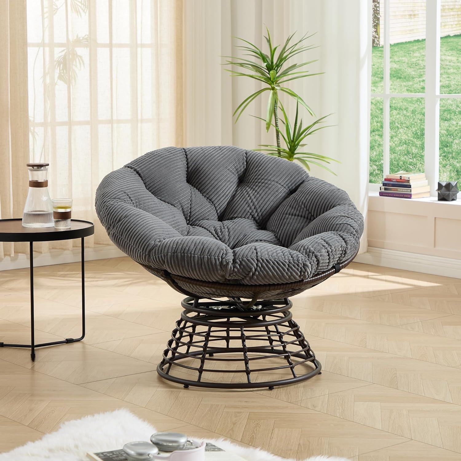 JULYFOX Papasan Chair Indoor Outdoor, Papasan Swivel Chair with Button Tufted Cushion and Metal Frame Wicker Lounge Chair 300lbs Heavy Duty for Living Room Balcony Yard (Dark Gray, 37 inch)