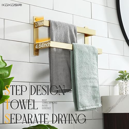 Miniatura 5 de KOKOSIRI Toalleros de baño de 16 pulgadas con escalera de 2 niveles de oro cepillado, toalleros montados en la pared, estantes de acero inoxidable,