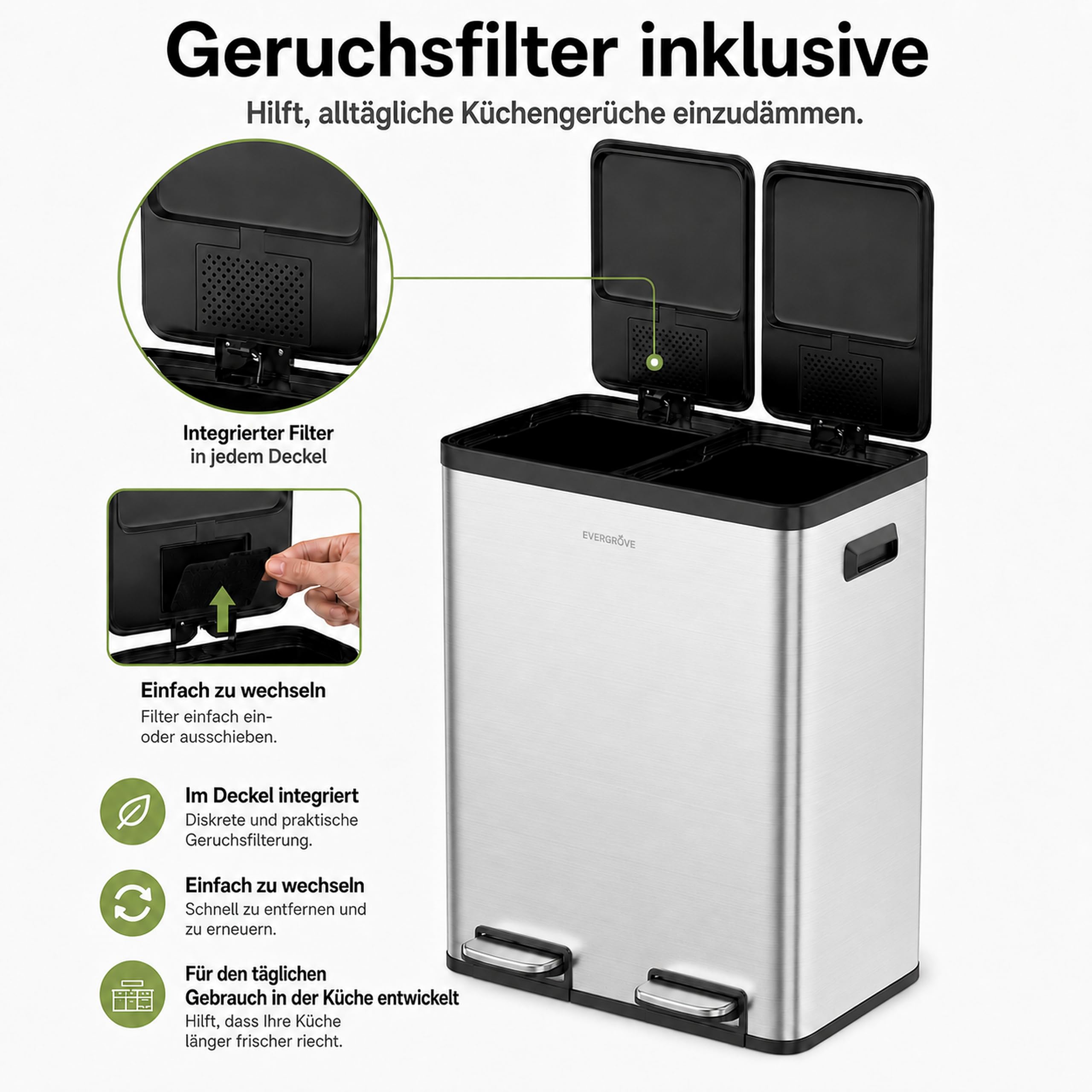 EverGrove 60L Mülltrennsystem, 2x30L, Edelstahl-Deckel (Brushed Silver) | 2 x 30-L-Fächer,Soft-Close-Deckel,Edelstahl-Deckel,Geruchsfilter,Herausnehmbare Inneneimer mit Beutelfixierung