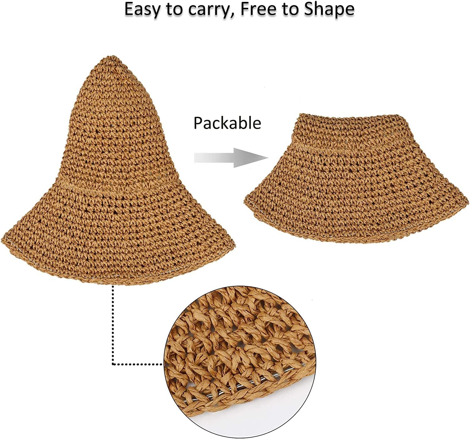 Women Straw Hat Wide Brim Beach Sun Cap Foldable Large Lady Floppy 100% Natural Paper Braided for Travel Summer Vacation - Image 4