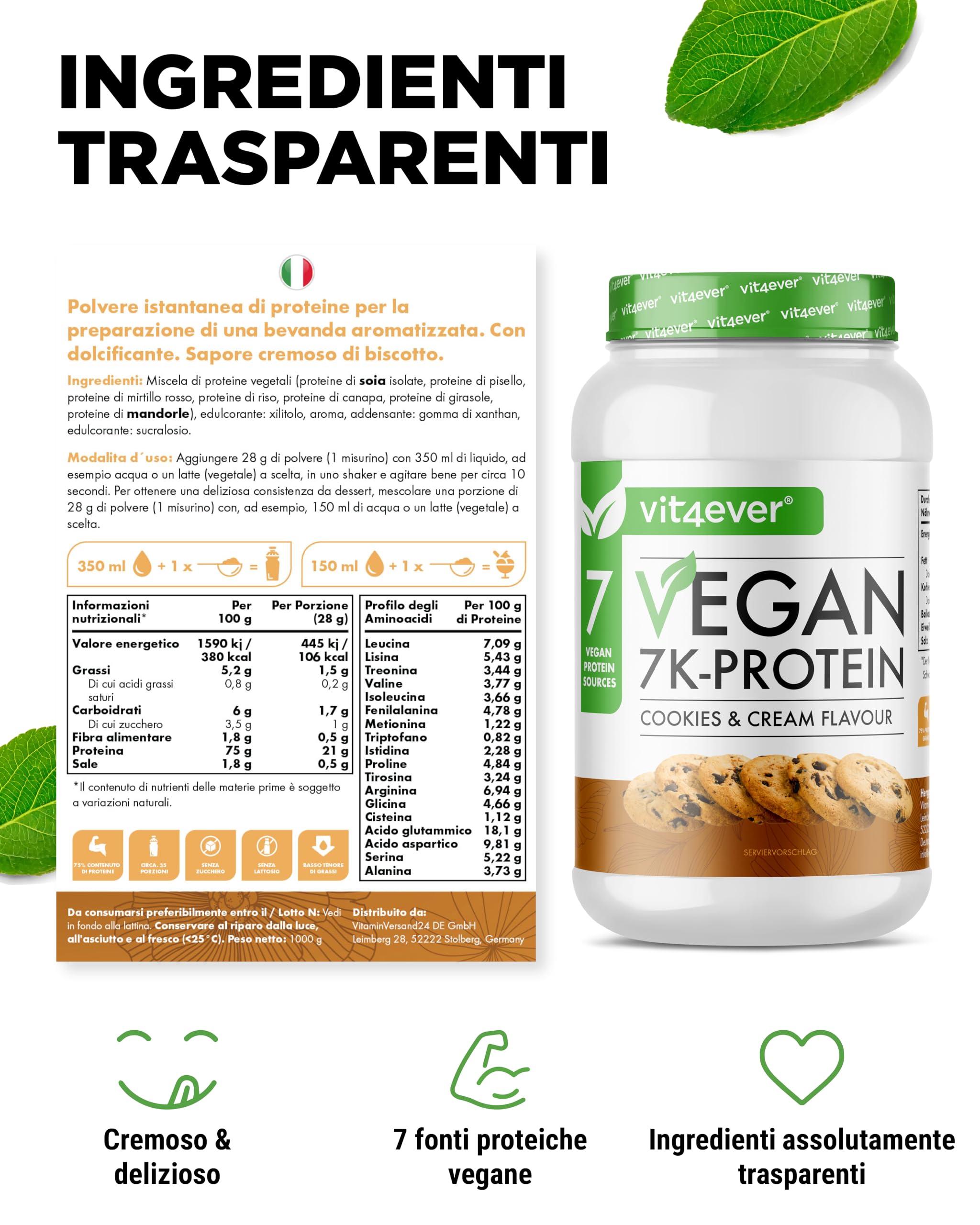 Vegan 7K Proteina – 1kg – Cookie & Cream – Polvere di proteine vegetali pura con riso, mandorle, soia, piselli, canapa, mirtillo, girasole proteina