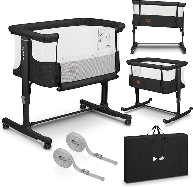 LIONELO Aurora 3 w 1 Łóżeczko Dziecięce do 9 kg, Łóżko Dostawne, Kołyska, Regulacja Wysokości oraz Kąta Nachylenia Materaca, 4 Kółka z Hamulcem Ergonomiczny Materac Torba (Szary) (Grafitowy)