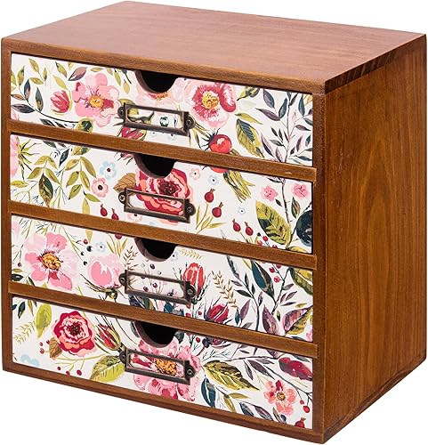 Organizador de escritorio vintage de 4 cajones en diseño floral, cajones de almacenamiento de madera para mesa, gabinete organizador de escritorio