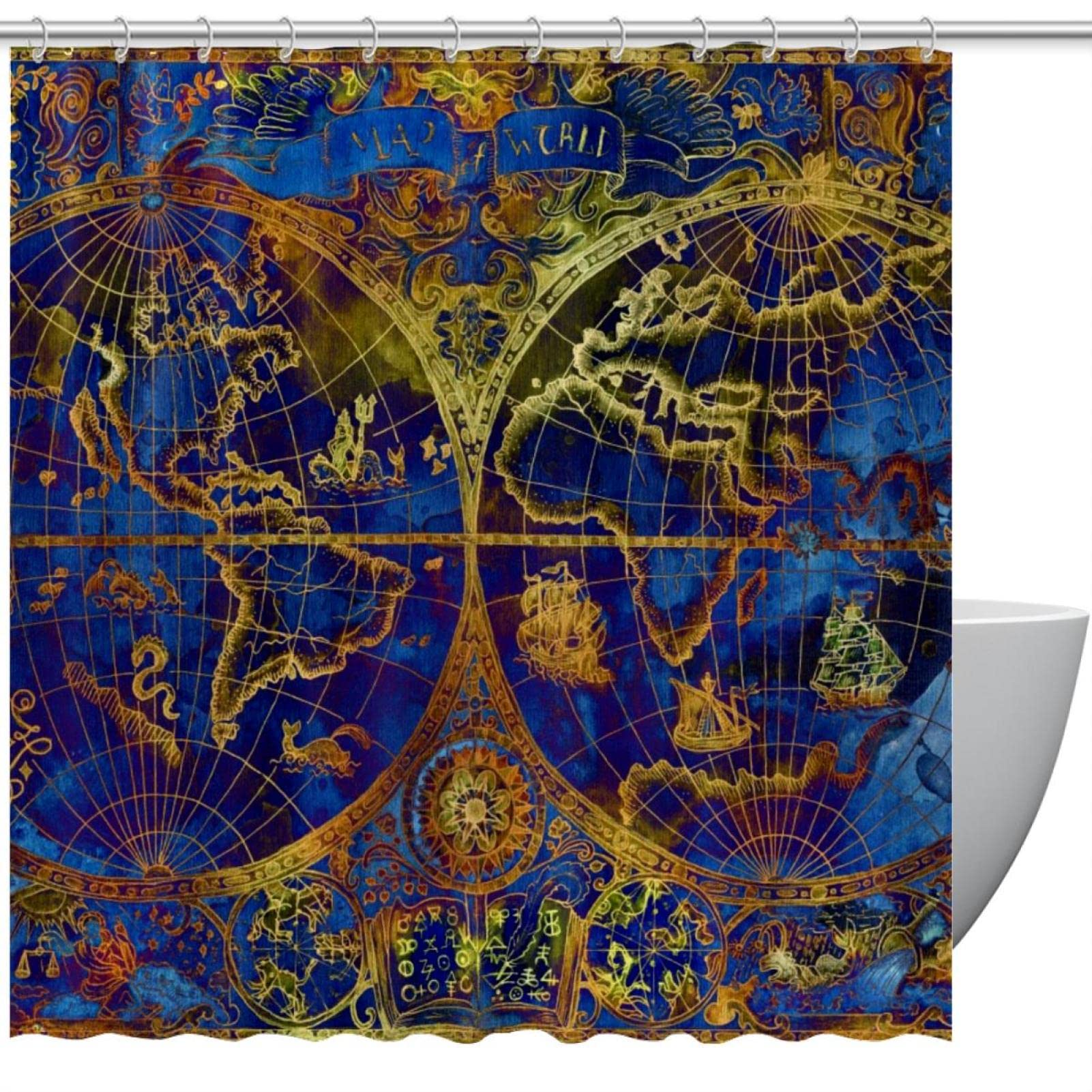 Rideau de douche vintage bleu marine à motif carte du monde maritime rétro 183x183