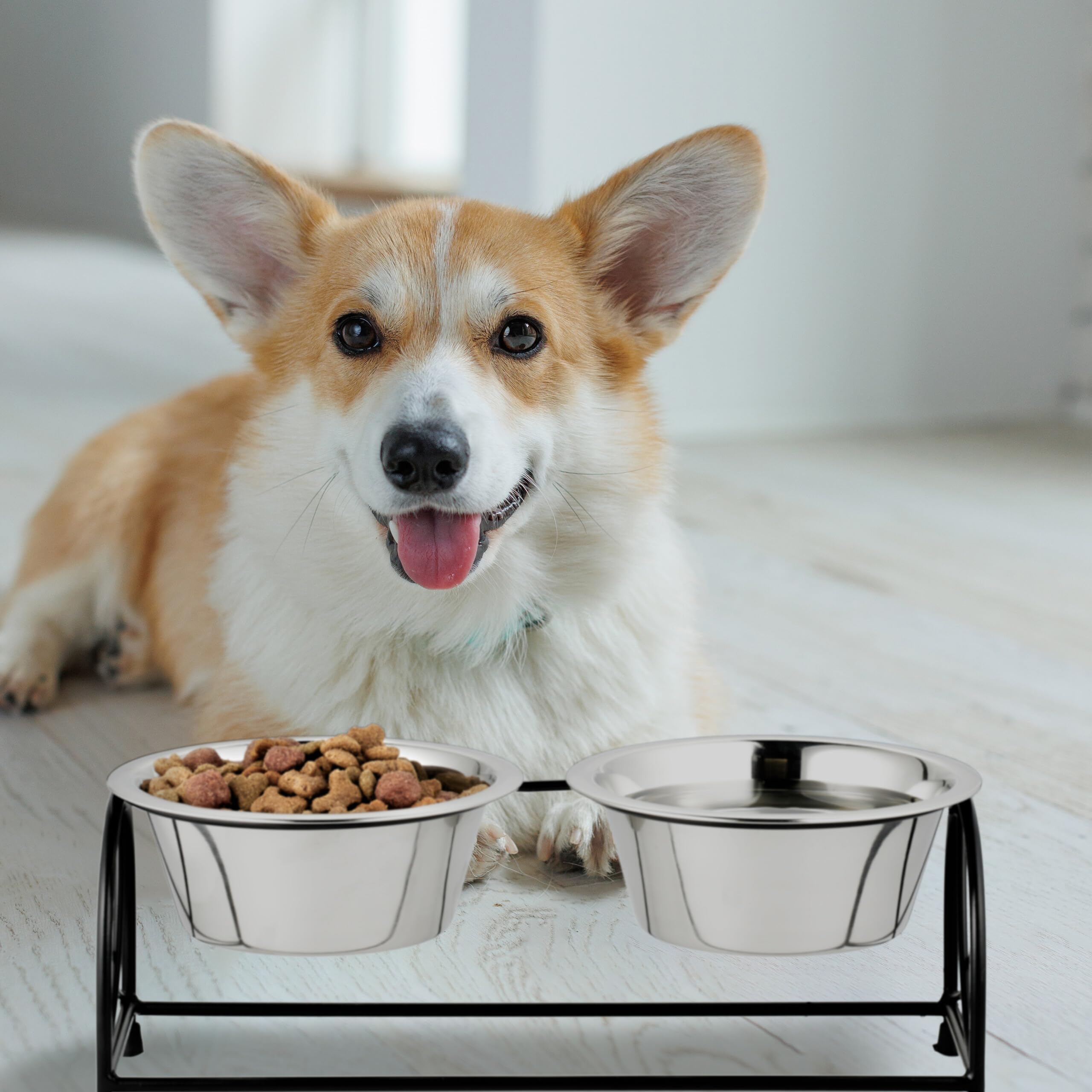 Relaxdays Gamelles, Support pour Petits Chiens, avec 2 Bols en Acier Inoxydable de 1 L chacun, Noir - argenté