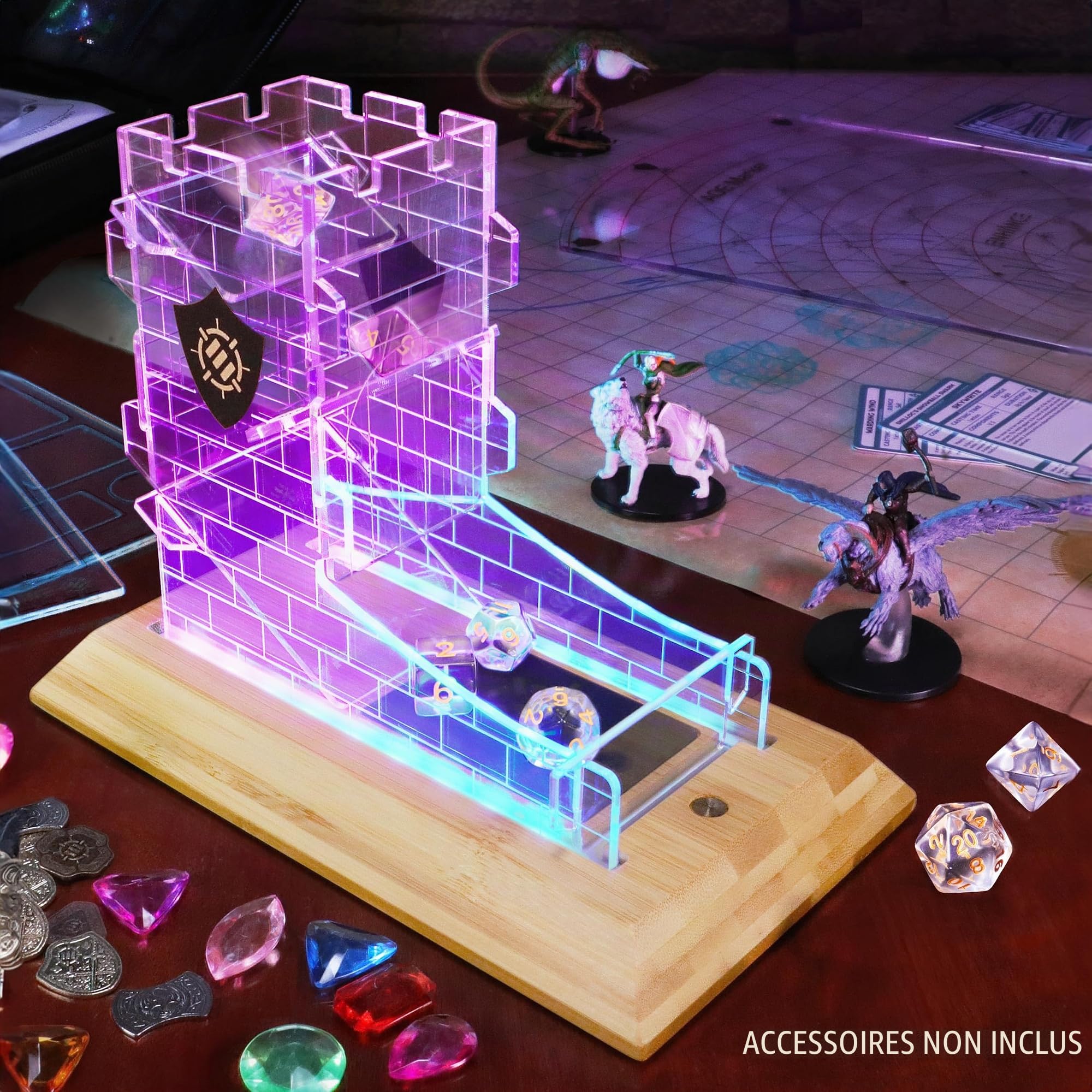 ENHANCE Tour de dés LED avec 7 dés RPG – Ensemble de dés Transparents, Tour LED avec Base en Bambou et Design Château, Roule Jusqu'à 14 dés Standard à la Fois – Idéal pour Soirées de Jeu