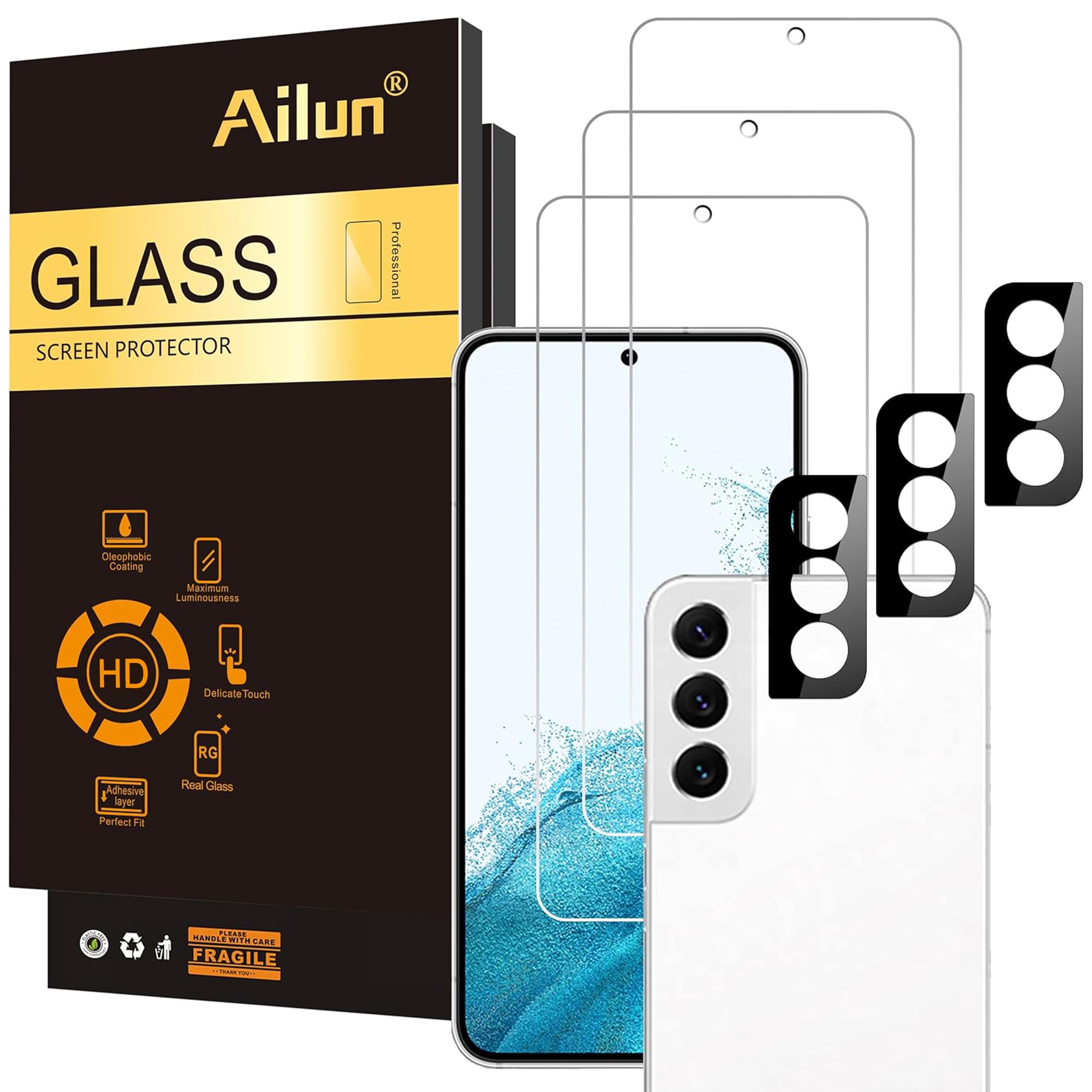 Ailun Screen Protector + Camera Lens Protector for Galaxy S22, 3+3 Pack | Tempered Glass, Fingerprint Unlock Compatible, Clear, Case Friendly