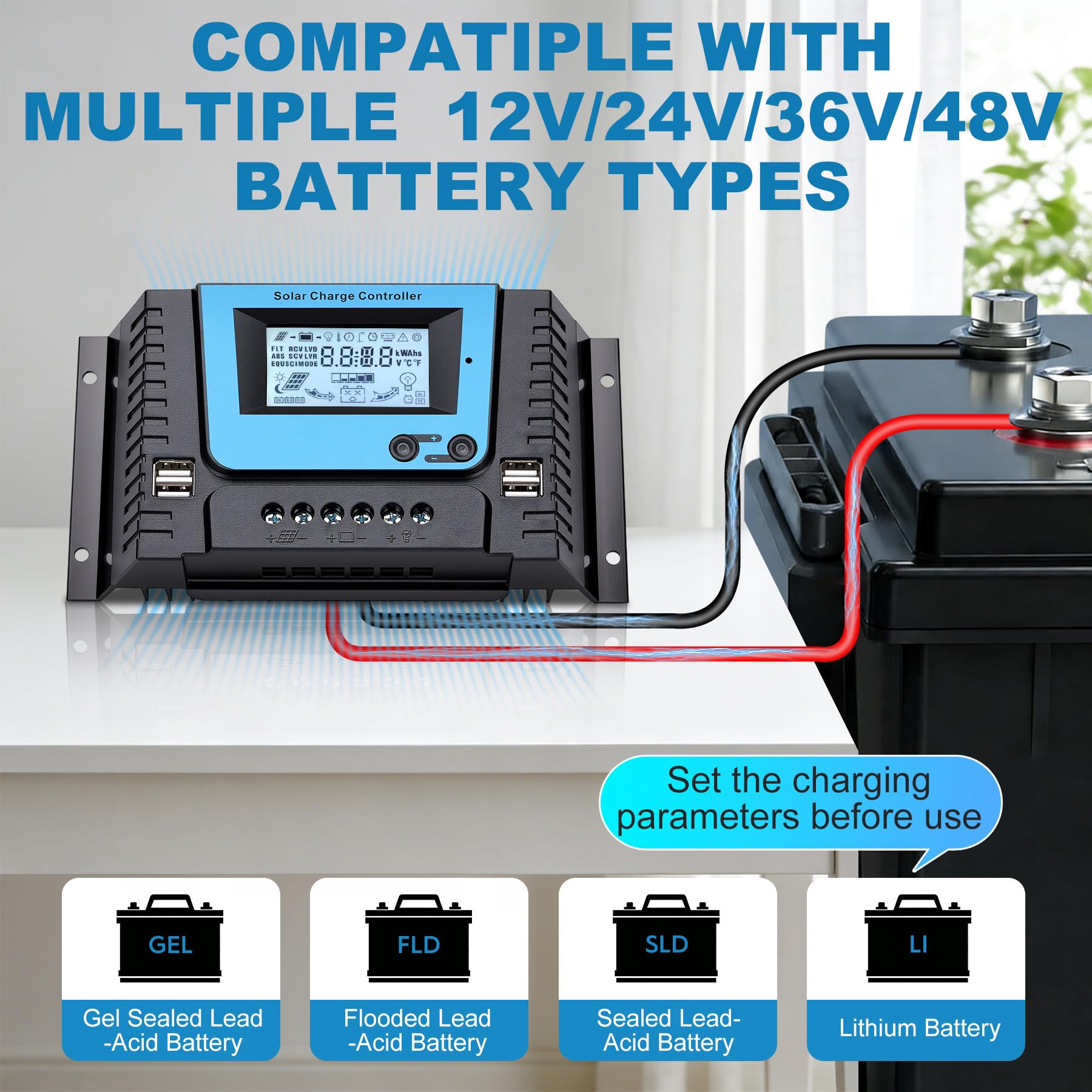 30A Contrôleur de Charge Solaire 12V 24V 36V 48V Avec Bluetooth, PWM 30A Régulateur Charge Solaire avec Capteur Température, Rétroéclairé LCD Écran, 4 ports USB, pour Plomb Acide et lithium Batterie
