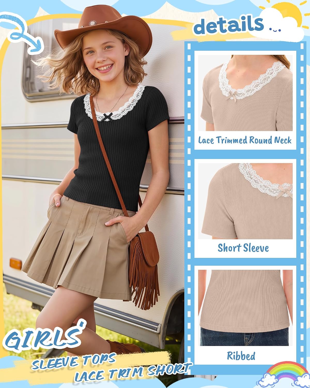 3 Pack Girls Short Sleeve Shirts Lace Trim Ribbed Plain T Shirts Kids Summer Crewneck Cute Bow Tees for 5-14 Years