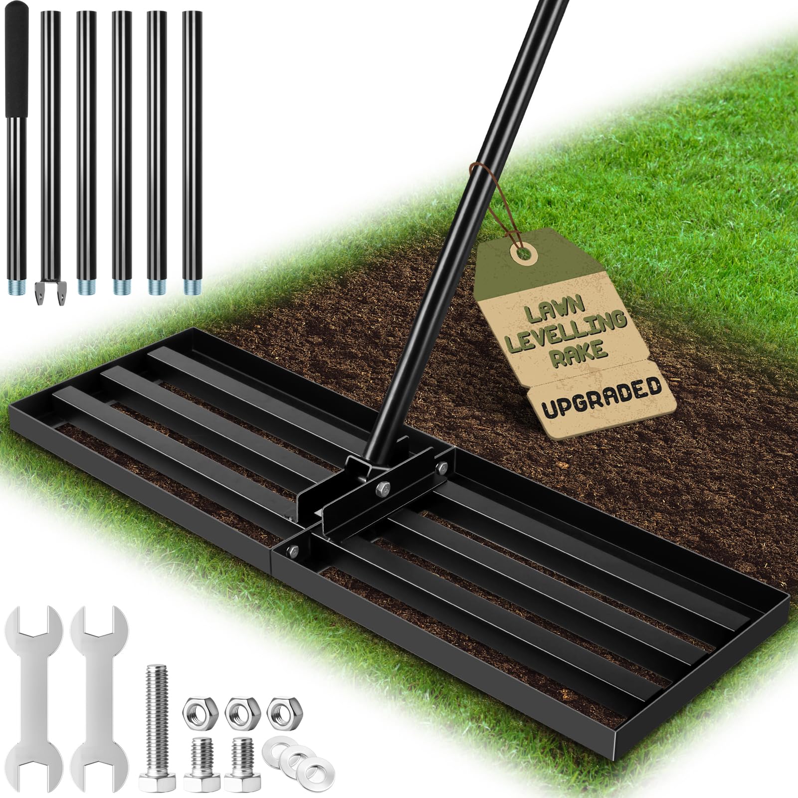 Ezkamfort Rasen Nivellierungsrechen, [76x25cm] Edelstahl Rasenrechen, Mit 194cm Ergonomischem Verstellbarer Stiel, Schmutz Sand Rasen Nivellierrechen für Garten, Golf und Hinterhof