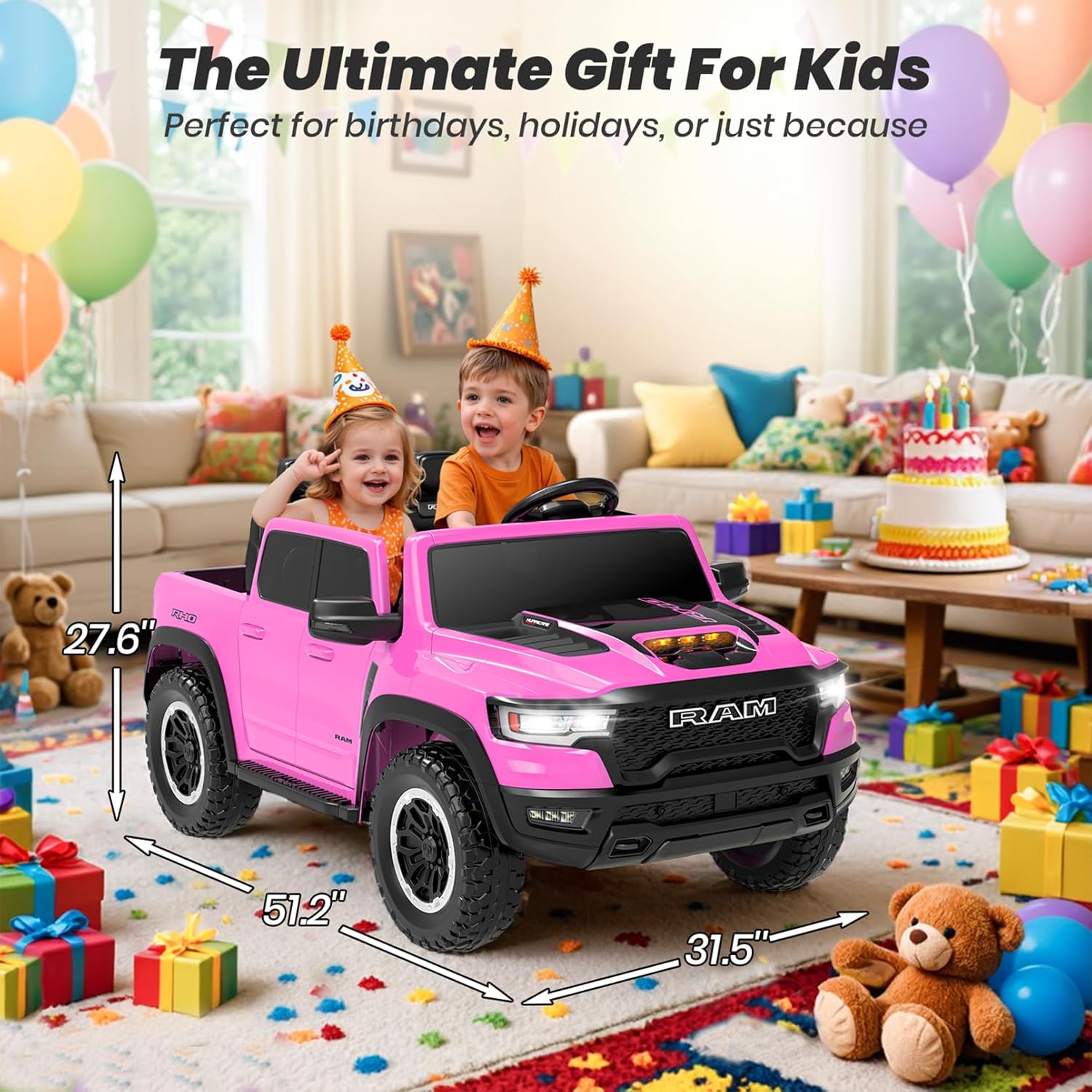 Licensed RAM 1500 RHO 24V Ride on Car for Kids, 2 Seater Pink Car for Girls w/Remote Control, Kids Electric Car with LED Lights, Bluetooth, Music, 4 Wheels Suspension, Truck Bed Storage(Pink)