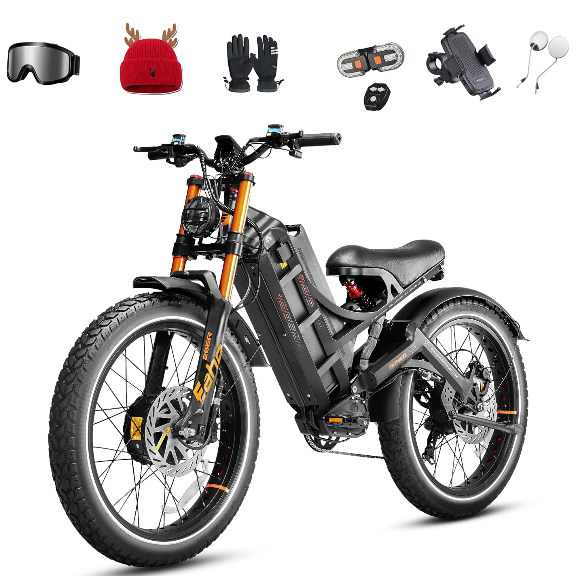 eAhora Romeo Pro 3 Peak 5600W Electric Bike for Adults 50Mph, 60V 80Ah Battery 250 Miles,Long Range Dual Motors Ebike,26"*4.0 Fat Tire Full Suspension