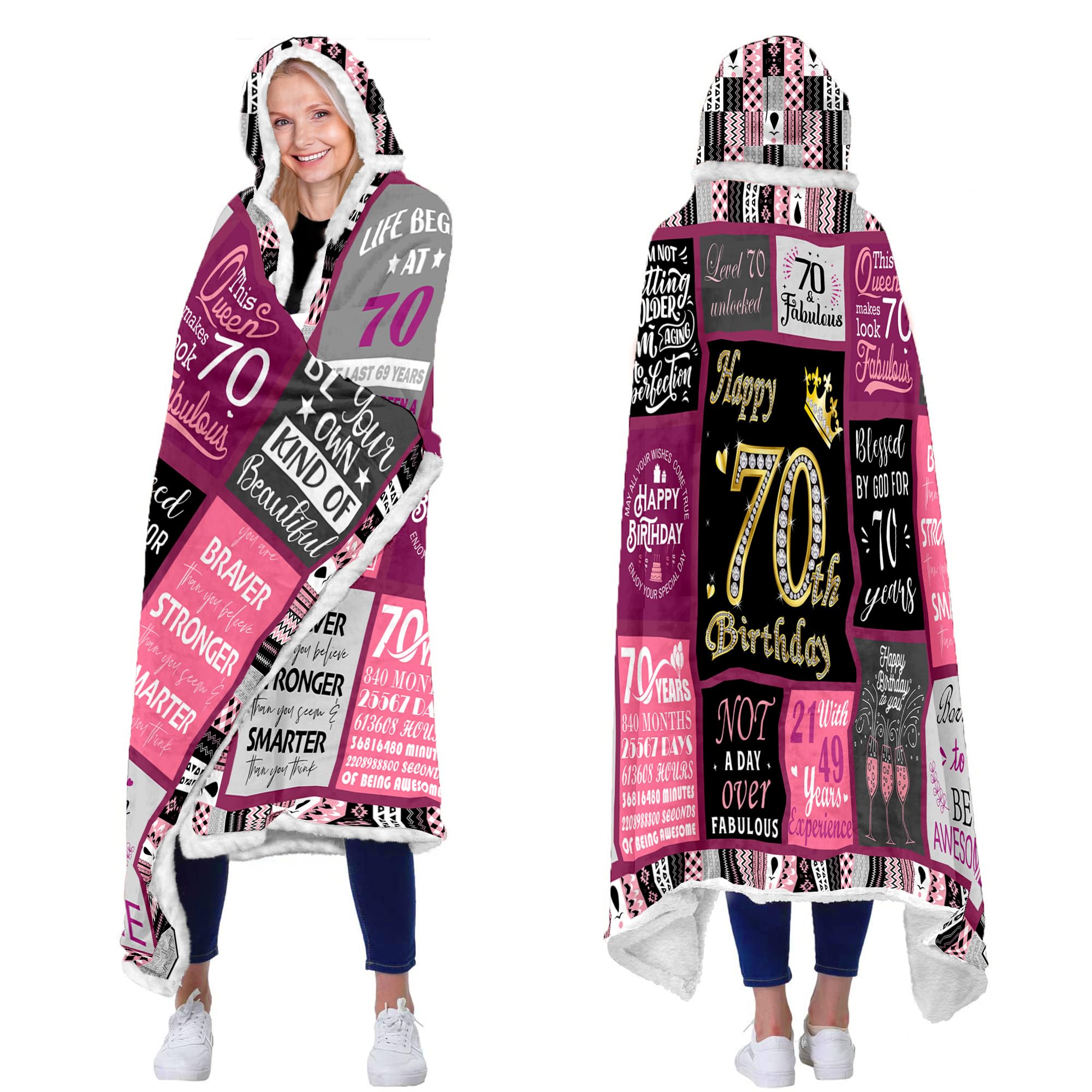 Aleture Women's 70Th Birthday Hoodie Blanket, Gifts For 1956 Happy Birthday Decorations, 70 Year Old Unique Best Gift Ideas For Friend Mom Sister Grandma Wife, 47"X72" Soft Throw Blanket Pink