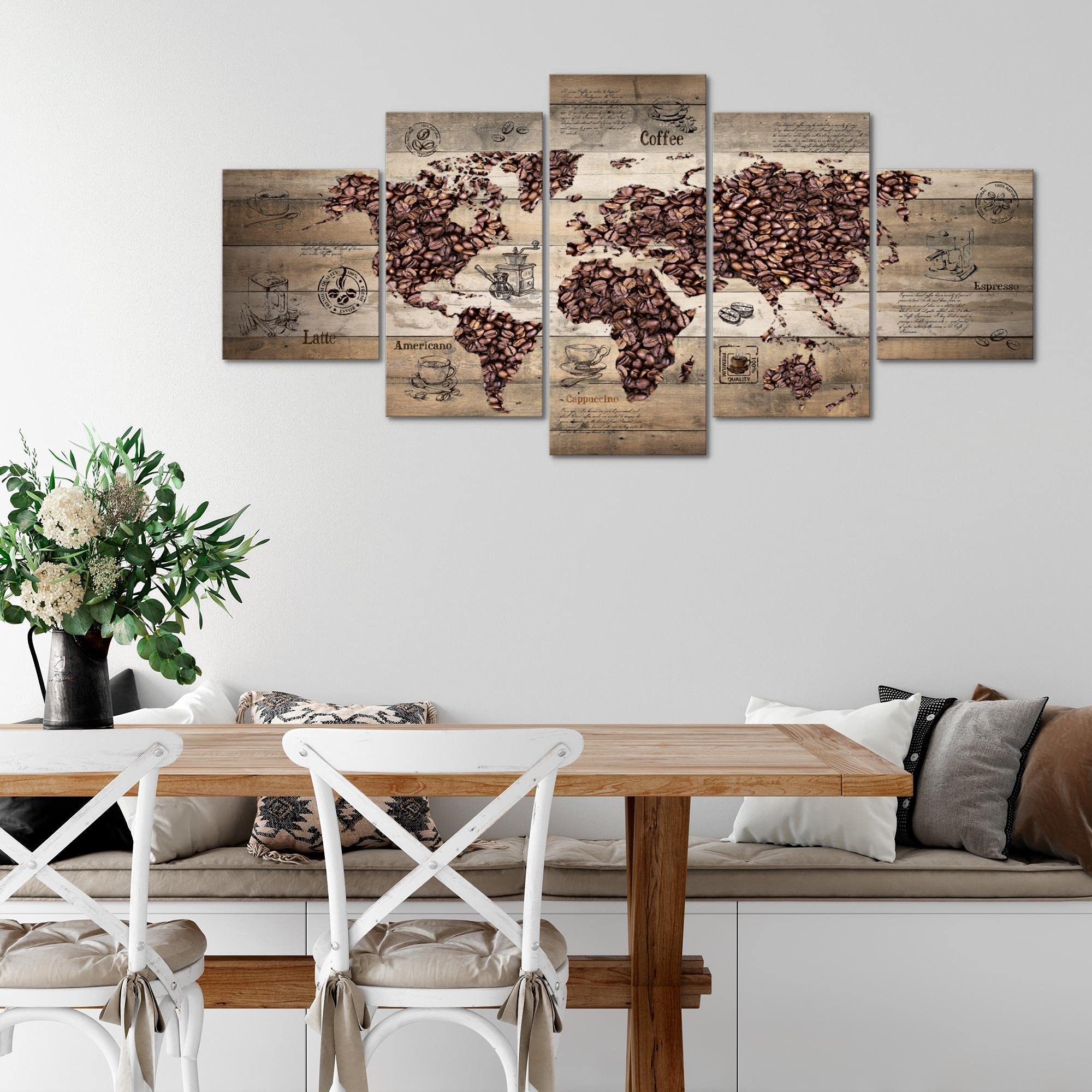 Runa Art - Tableau Café De Cuisine 200 x 100 cm 5 parties XXL Decoration Murale Dessin Brun beige 037951b