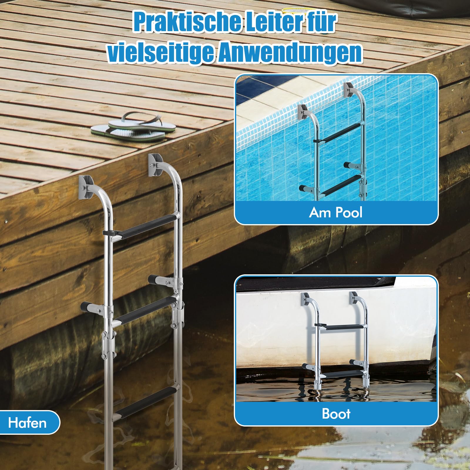 RELAX4LIFE Bootsleiter mit 4 Stufen, Poolleiter Klappbar, Badeleiter Edelstahl, Pontonleiter mit Rutschfesten Stufen, Tragkraft 200 kg, Schwimmbadleiter für Schwimmbad Deck Boot