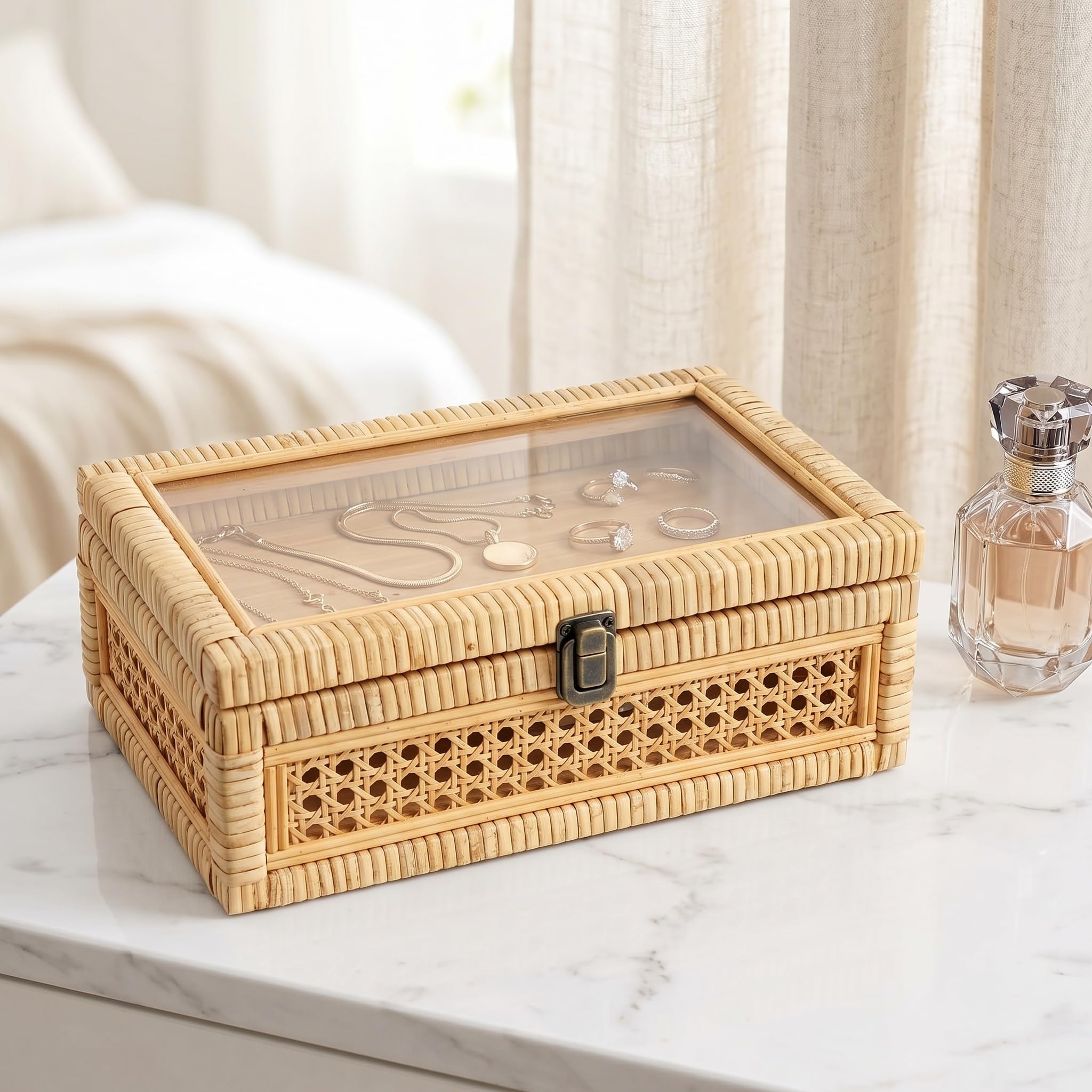 Set di 2 Scatole Impilabili in Rattan E Canna Stile Boho con Coperchio in Vetro - per Decorazioni Rustiche in Stile Country, Contenitori per Riporre Oggetti, Organizzazione della Casa, Eleganti