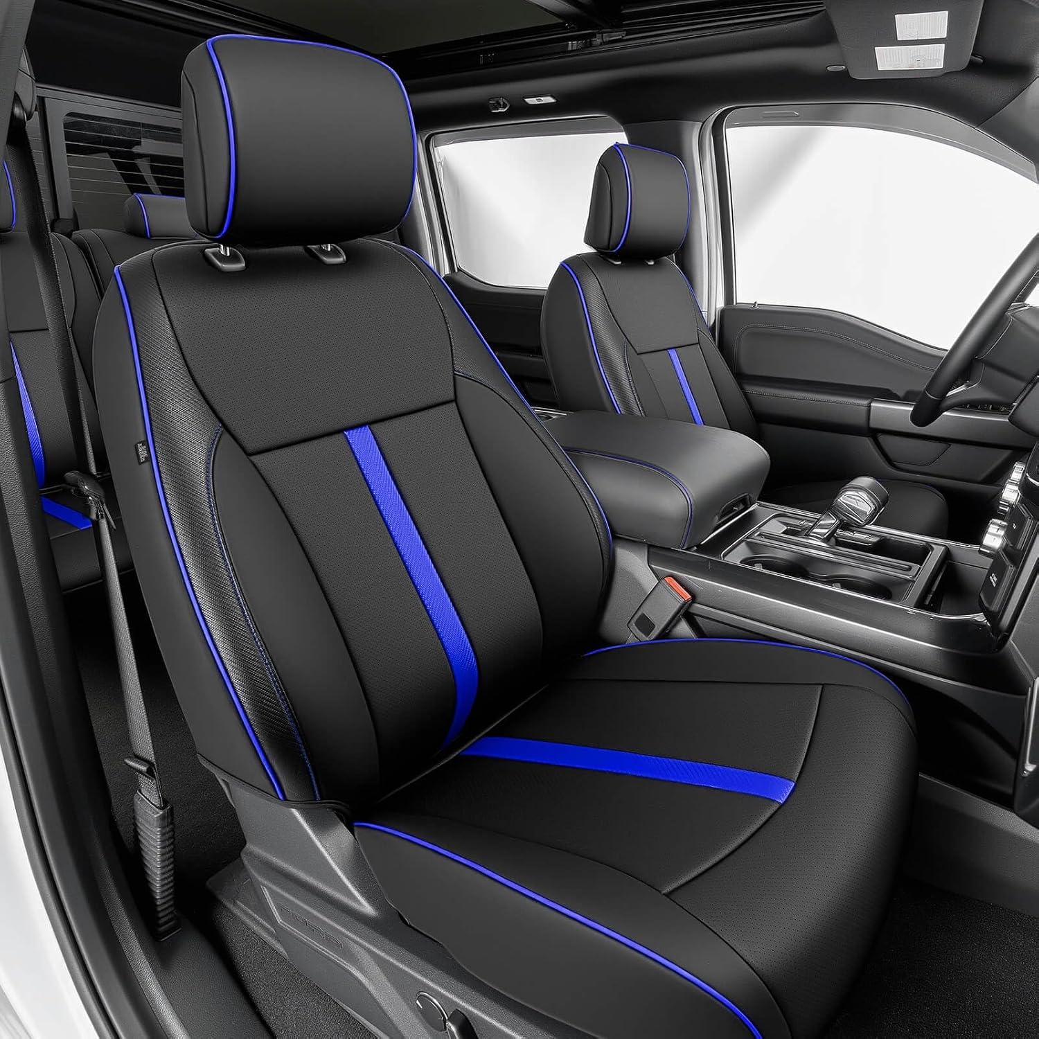 DiffCar® Seat Covers for Ford F150: 2015-2026 SuperCrew/Crew Cab, Full Set Faux Nappa Leather Truck Seat Covers for F-150 XL XLT, Custom Fit Car Accessories Pickup Seat Protectors for F 150,Black/Blue