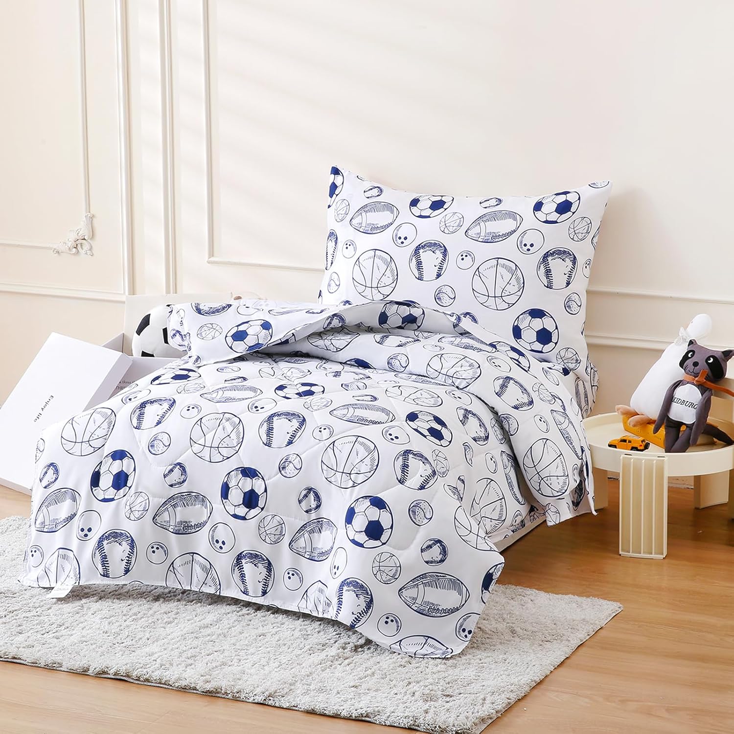 LONAVA Toddler Kids Comforter Set - 4 Pieces Toddler Bedding Sets for Boys Girls Children, Ultra Soft Microfiber Bed in A Bag with Flat Fitted Sheets, Ball Sports