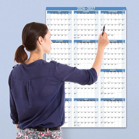 2026-2027 Wall Calendar - 2026-2027 Yearly Wall Calendar, July 2026 - June 2027, Calendar 26-27, 34.8 x 22.8(Open), One Page Vertical with Round Stickers, Gift Pocket - Haze Blue